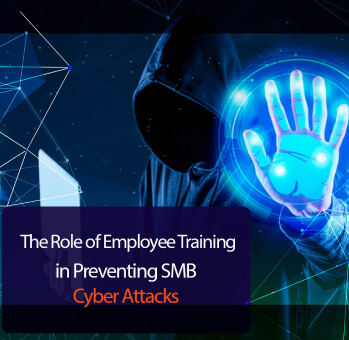 A hooded figure with a digitally glowing hand symbolizing a cyber attacker is halted by a virtual barrier, with text 'The Role of Employee Training in Preventing SMB Cyber Attacks' and the Cybernod logo.