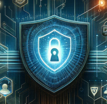 A glowing digital shield with a padlock symbol in the center, embedded in a circuit board, symbolizing strong cybersecurity defenses.