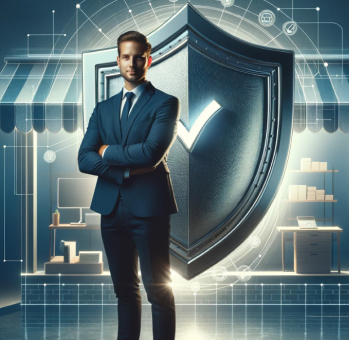 Confident businessman standing in front of a glowing cyber shield, symbolizing robust cybersecurity strategies for small businesses.