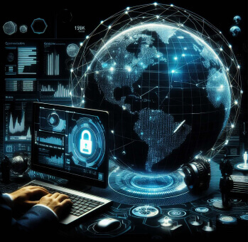 A person engaging with a sophisticated cybersecurity interface, with a digital globe showcasing network connections, symbolizing global cybersecurity management and monitoring.