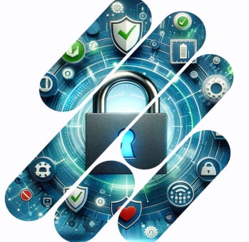 An infographic featuring digital and cybersecurity elements, such as a shield, a lock, gears, and checkmarks, intertwined with a digital circuit pattern. The text highlights 'Free Cybersecurity Resources' for small businesses with a focus on tools and tips for staying secure.