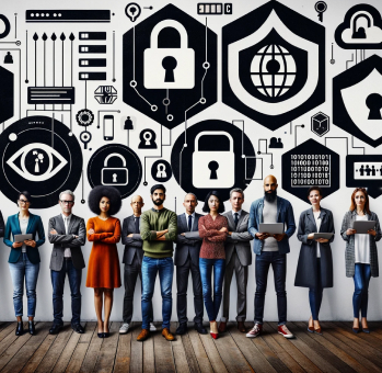 Diverse group of professionals standing before a wall adorned with cybersecurity icons, highlighting the importance of security awareness training.