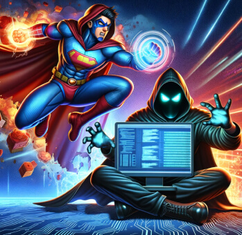 An illustration of a superhero fighting against a hooded figure with a laptop, representing the battle against cyber threats