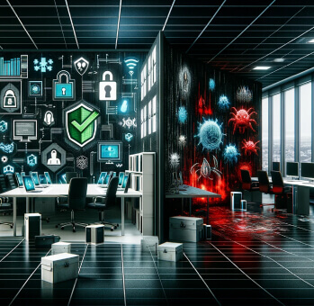 Futuristic control room depicting cybersecurity in supply chain management, with holographic displays of shields and virus symbols, illustrating the defense against cyber threats.