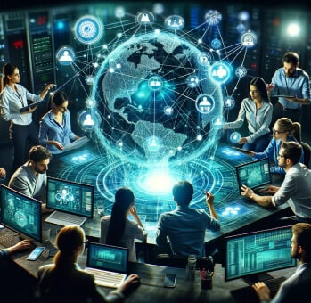 Cybersecurity team collaborating in a high-tech command center with digital maps and network data encircling a holographic globe.