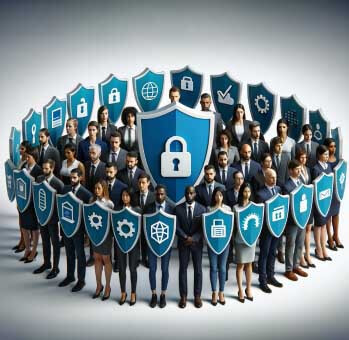 A team of diverse individuals each holding a symbolic cybersecurity shield, representing a united front in organizational cyber defense.