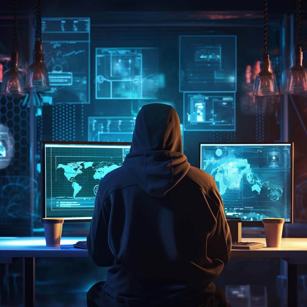 An illustration of a hooded figure sitting in front of a computer setup with multiple screens, showing digital maps and data, with a prominent title '3 Common Cybersecurity Threats SMB Face & How to Combat Them' above the figure, symbolizing the focus on cybersecurity awareness and defense strategies for small and medium-sized businesses