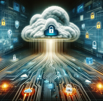 Digital concept art depicting cloud security with a 3D lock symbol inside a cloud hovering over a circuit board, representing data protection.