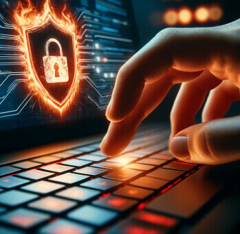 A person's hand on a keyboard with a digital shield, signifying robust cyber defense and business continuity planning.