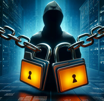 A visual representation of ransomware threats to small businesses, featuring padlocks in chains and a hooded figure symbolizing a hacker