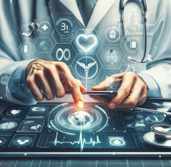 A digital collage representing cybersecurity in the healthcare industry with images of a virtual interface and a secure hospital room