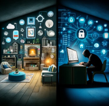 A split-image contrasting a cozy, smart home interior filled with IoT devices on the left, and a hooded figure hacking into a secure network on the right, symbolizing the need for cybersecurity in the IoT age.