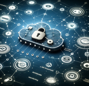 An informative visual portraying various security shields within a cloud environment, symbolizing the protection of data through cybersecurity measures in line with cloud best practices.