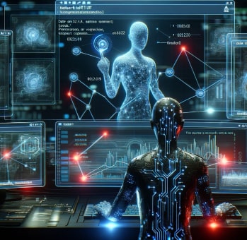 Visual depiction of a humanoid figure in a cybersecurity control room with screens displaying AI and security analytics, emphasizing the integration of AI in cyber defenses.