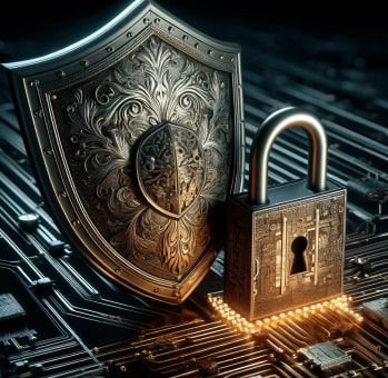 A professional woman reviewing cybersecurity updates on a digital tablet beside cybersecurity themed graphics and text.