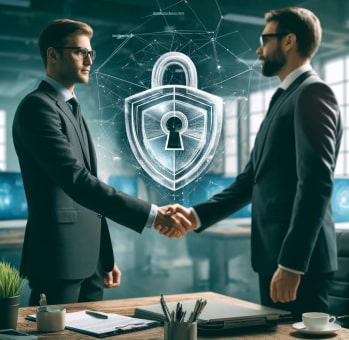 Two businessmen shaking hands in an office, symbolizing a partnership agreement, with a digital security shield icon in the background representing cybersecurity solutions.