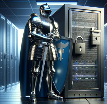 Futuristic image of a knight in armor standing next to servers, symbolizing the protection of cybersecurity solutions for small businesses.