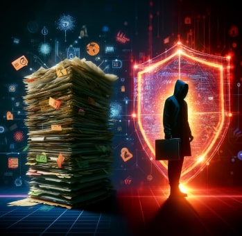 Digital illustration showing a hooded figure with a briefcase standing next to a shield barrier, opposite a stack of paperwork with digital icons, representing data protection challenges.