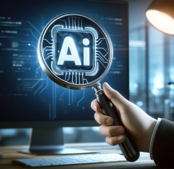 Hand holding a magnifying glass over a glowing AI symbol on a computer screen, highlighting the focus on Artificial Intelligence in cybersecurity.