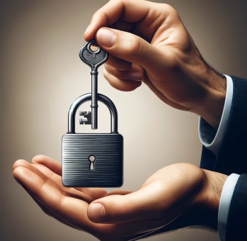 Hands of a businessman holding a padlock with a key inserted, symbolizing the control and security in managing business risks.