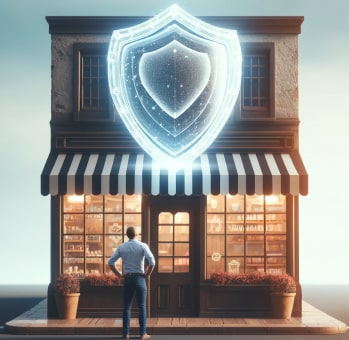 Man standing in front of a small shop protected by a glowing digital shield, symbolizing advanced cybersecurity for small businesses.