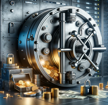  A highly detailed image of a large, robust vault door open slightly with gold coins spilling out, secured by multiple padlocks, symbolizing the safeguarding of valuable data in the context of small business cybersecurity.