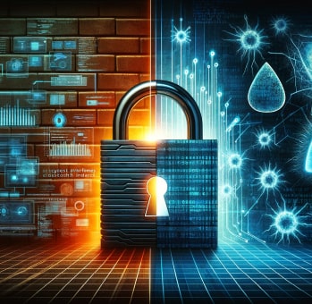 A digital artwork depicting a padlock with a keyhole illuminated in a vivid blue and orange digital environment, symbolizing cybersecurity and data protection.