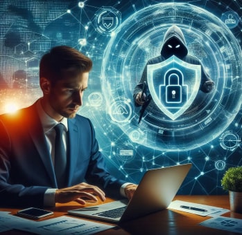 A professional working on a laptop with a holographic shield and a hooded figure in the background, representing cybersecurity protection and the constant threat of cyberattacks.