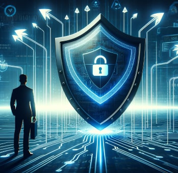 A business person stands confidently in front of a large shield with a padlock symbol, representing robust cybersecurity. Arrows symbolizing threats are deflected by the shield, highlighting protection in a digital landscape.