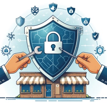 Two hands with tools repair a shield with a padlock icon, representing the strengthening of a small business's cybersecurity defenses through gap analysis. The background features digital security icons such as shields, padlocks, and antivirus symbols.