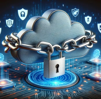 A digital cloud wrapped in a chain and secured with a padlock, symbolizing robust cloud security measures. The background features various security icons like shields and padlocks.