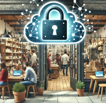 People working on laptops in a café with a cloud security icon overlay, representing secure cloud-based document sharing and collaboration.