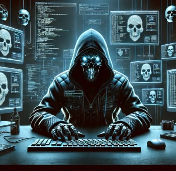 A menacing figure in a dark hoodie with glowing eyes, sitting in front of multiple computer screens displaying skull symbols, representing a cybercriminal. The image is part of a presentation slide with the title "Top Cybersecurity Threats Facing Small Businesses Today.