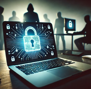 A laptop screen displays a large padlock symbol, representing data security, while shadowy figures in the background symbolize cyber threats. The dark and tense atmosphere underscores the importance of cybersecurity.