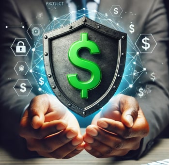 A diverse hand holding a metallic gray shield with a vibrant green dollar sign, symbolizing cybersecurity as an investment in small business financial well-being