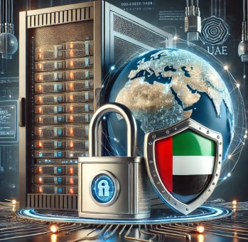 A cybersecurity image showing a server rack, a globe with the UAE highlighted, a padlock, and a shield featuring the UAE flag. The background includes digital elements, emphasizing security and protection.