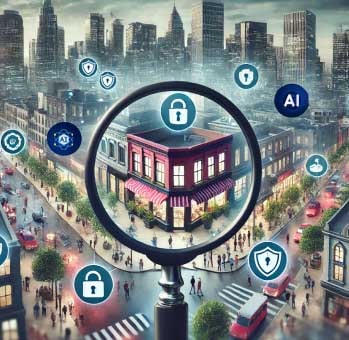 AI,  A magnifying glass hovers over a building in a bustling cityscape, symbolizing the focus on cyber security with various security icons, including locks and shields, scattered throughout the scene.