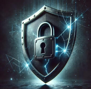 cybernod, A shield with a padlock and visible cracks, symbolizing the vulnerability of businesses without proper cybersecurity measures.