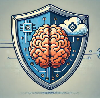 Illustration of a cybersecurity shield combining AI and cloud technology elements, representing the integration of advanced technologies for scalable cybersecurity strategies.