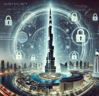 Burj Khalifa surrounded by layers of digital security symbols, representing the importance of cybersecurity in protecting national infrastructure.