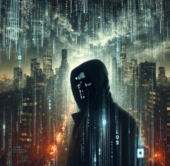 Shadowy figure in a digital cityscape representing dark web threats to UAE businesses.