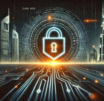 A digital illustration showing a cybersecurity shield blocking dark web threats with UAE landmarks like Burj Khalifa in the background, symbolizing business protection in the UAE.
