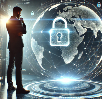 A person contemplating global cybersecurity, represented by a globe with a padlock icon, symbolizing the protection of small businesses worldwide.