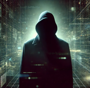 "Silhouette of a hooded figure representing anonymity and secrecy in front of a dark digital background, symbolizing the hidden world of the dark web."