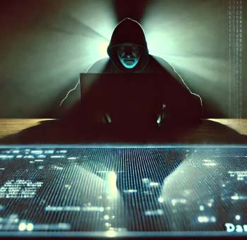 A hooded figure lurking behind a computer screen, symbolizing the hidden cyber threats of the dark web and the need for robust cybersecurity measures for UAE businesses.