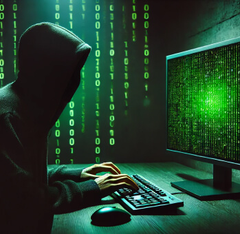 A hooded figure typing on a computer surrounded by binary code, symbolizing cyber threats that UAE companies face on the dark web.

