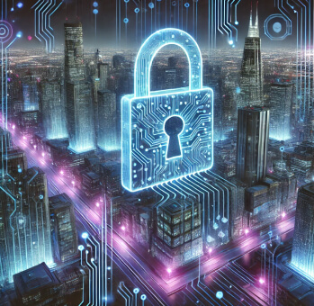 A glowing padlock symbol overlays a digital cityscape, representing cybersecurity and the protection of networks from ransomware attacks, highlighting dark web intelligence.