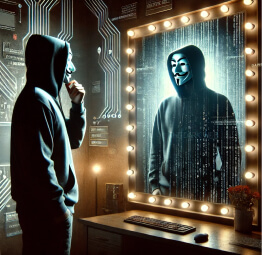 A person wearing a hooded sweatshirt looks into a mirror, seeing a masked, sinister figure reflected back. The scene, surrounded by a digital, cyber-themed environment, symbolizes hidden dangers on the dark web.