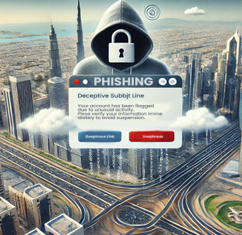 Phishing email with suspicious link hovering over UAE cityscape, symbolizing the growing threat to businesses and the need for robust cybersecurity measures.