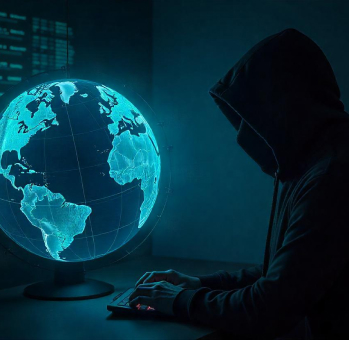 A hooded figure working on a laptop with a digital globe displayed, symbolizing the hidden layers of the internet – Surface Web, Deep Web, and Dark Web.

